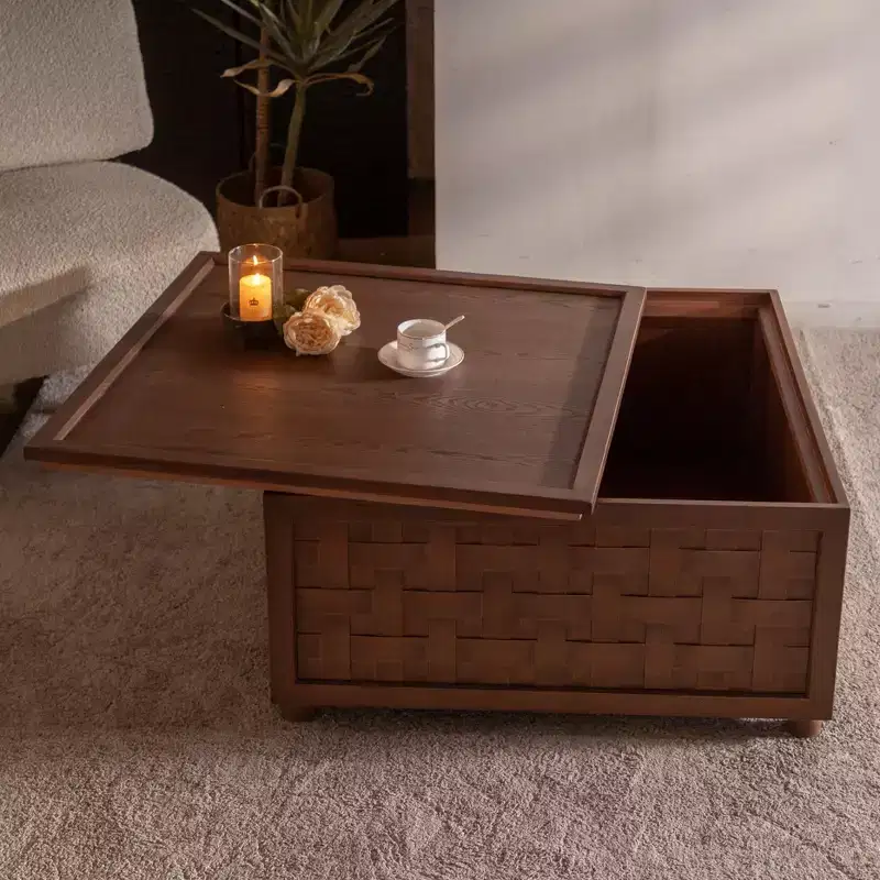GDFStudio Bob Storage 31.5 Square Wood Coffee Table with Removable Lid and Weaving Decoration