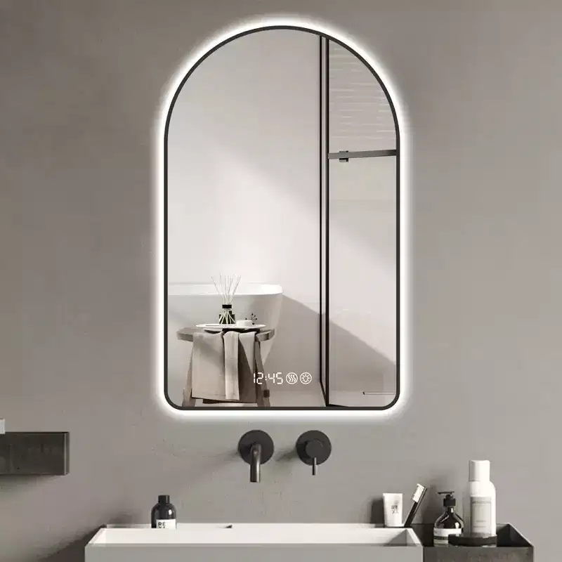 Whisen Arched LED Bathroom Vanity Wall Mirror with Aluminum Frame, Temperature & Time Display, Dimmable Lights and Anti-Fog - Black