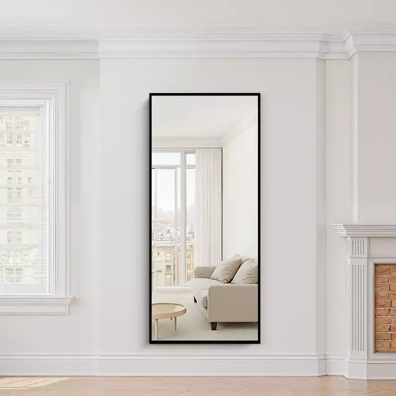 28 in. W x 71 in. H Rectangular Metal Framed Full Length Wall Mirror Free Standing Mirror in Black