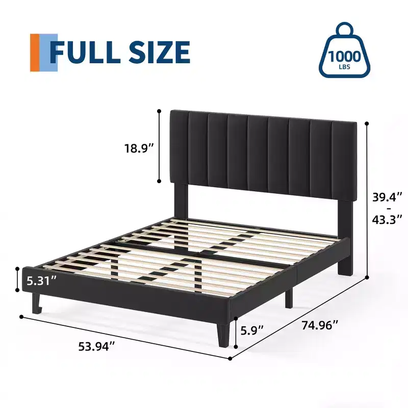 Full Platform Bed Frame with Adjustable Height Vertical Channel Tufted Headboard  Upholstered Bed with Sturdy Wooden Slats and Noise-Free Support