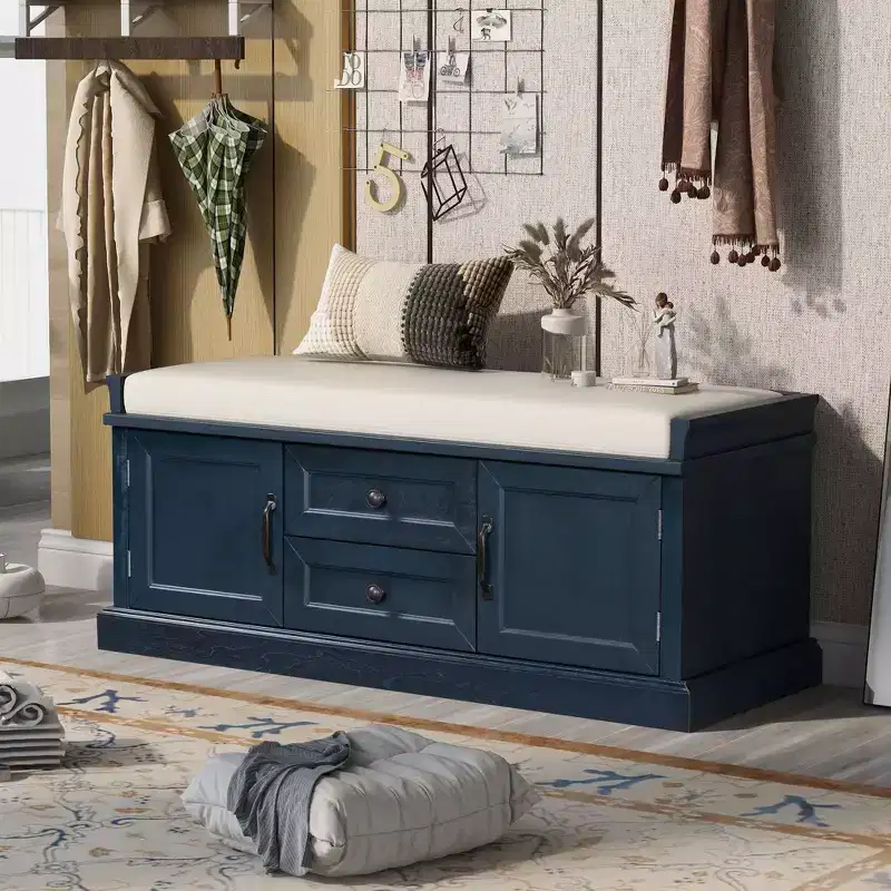 TUYOHW Storage Bench with 2 Drawers and 2 Cabinets, Shoe Bench with Removable Cushion for Living Room and Entryway, Antique Navy
