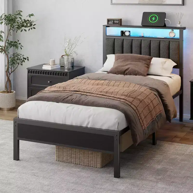 Twin Size Upholstered Platform Bed Frame LED Lights Charging Station 2 Tier Storage Shelves Headboard Gray Metal No Box Spring Needed Gaming Dorm
