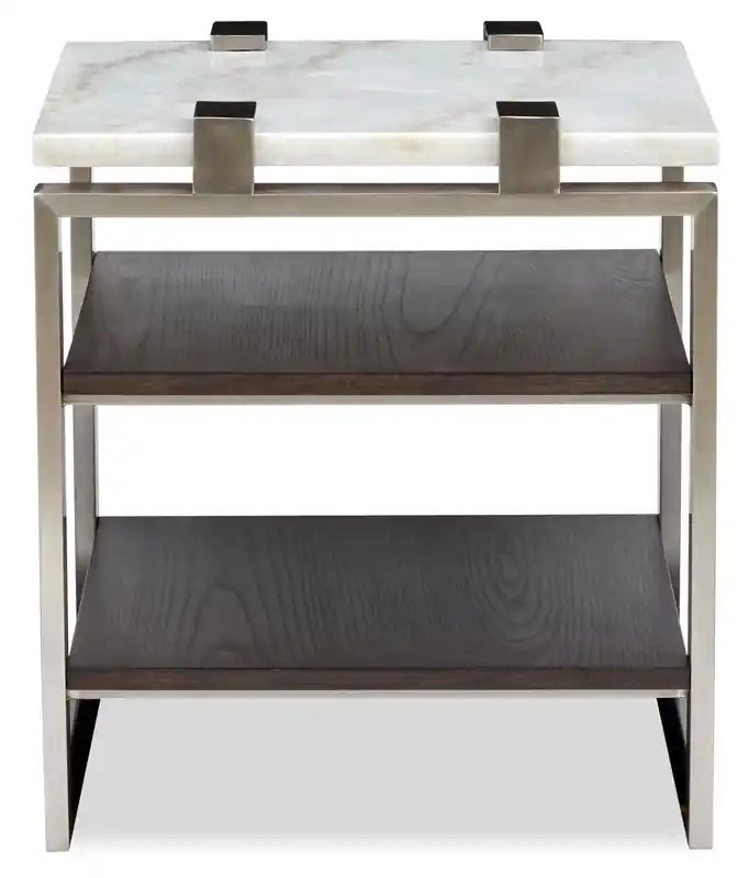 22 Modern End Table with Shelf - White Marble Top with Brushed Platinum Frame