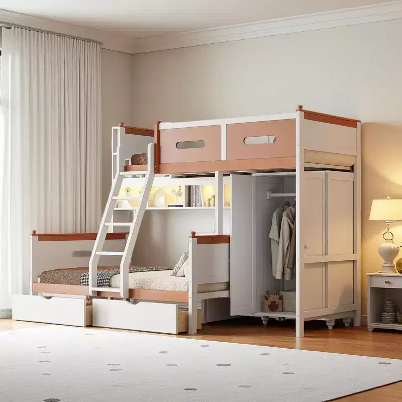 Merax Multi-Functional Twin Over Full Bunk Bed with Built-In Wardrobe, Storage Shelves, 2 Drawers & LED Lighting