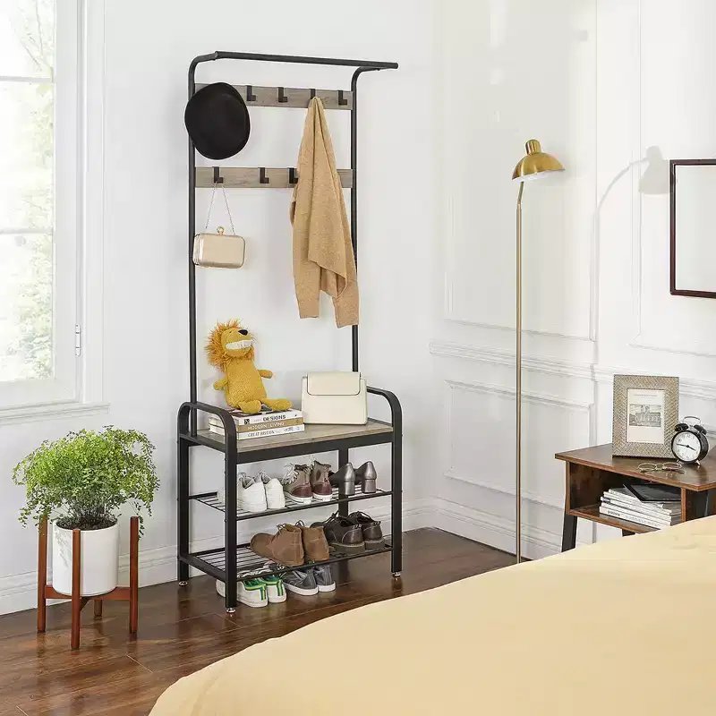 VASAGLE Coat Rack, Hall Tree with Shoe Bench Greige and Black