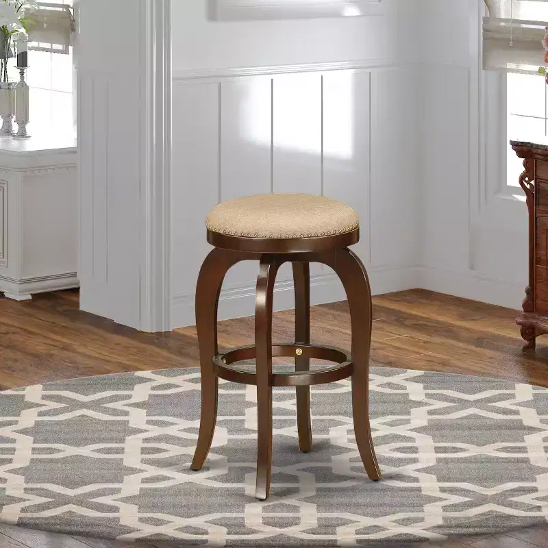 HomeStock 30 in.H Brown Finish Backless Wooden Counter Barstool in Round Shape with Faux Leather Upholstered