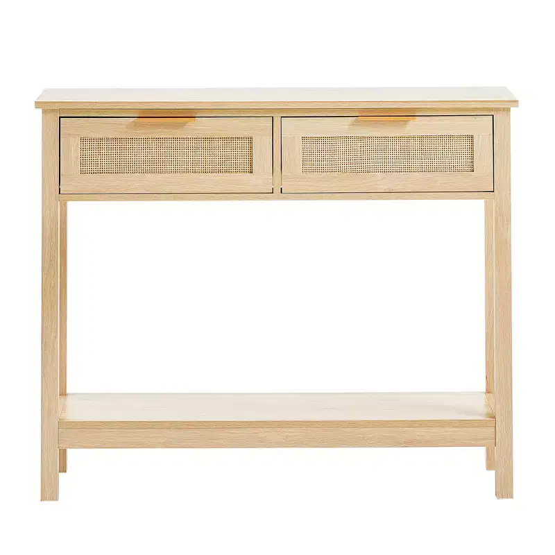 VEVOR Rattan Console Table with 2 Storage Drawers, Rattan Entryway Table with Natural Rattan Sliding Door, Console Sofa Table, Natural