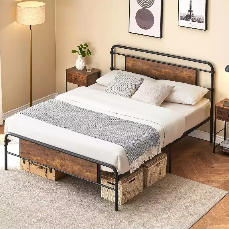 Queen Size Platform Bed Frame, Rustic Vintage Wood Headboard, Strong Metal Slats, Mattress Foundation, No Box Spring Needed