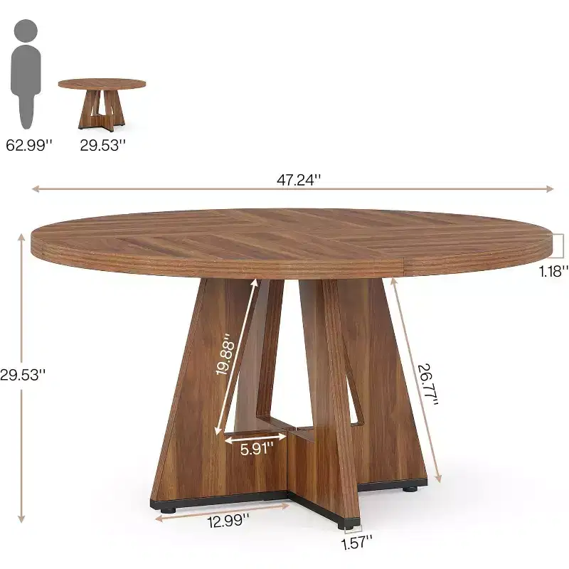 47-Inch Round Dining Table for 4, Farmhouse Circle Kitchen Table with Wooden Pedestal Base for Kitchen, Dining Room, Living Room, Brown