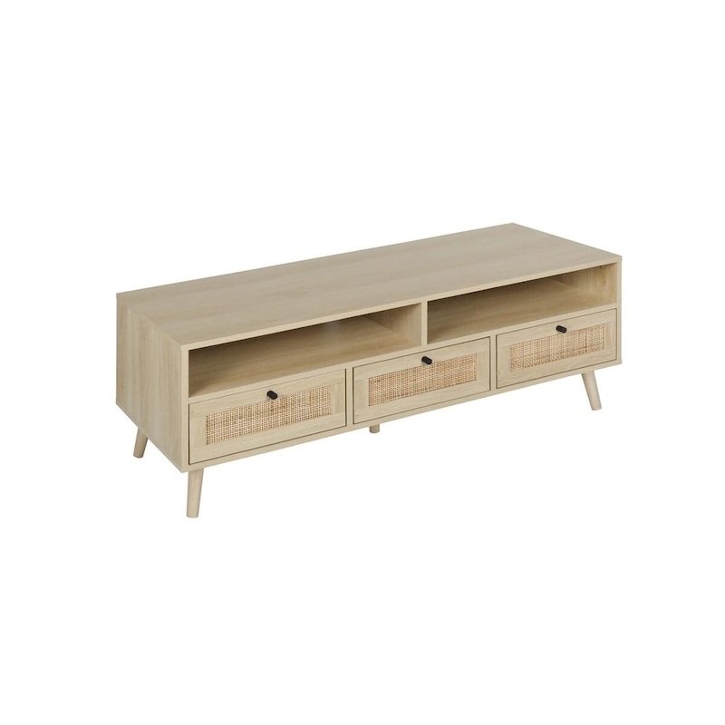 Modern Rattan TV Stand with Solid Wood Feet