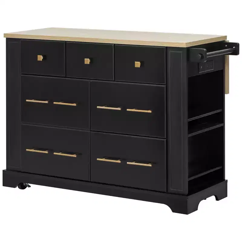 MDF Rolling Kitchen Island with 6 Drawers, Drop Leaf, and Pull-Out Trash 51.2