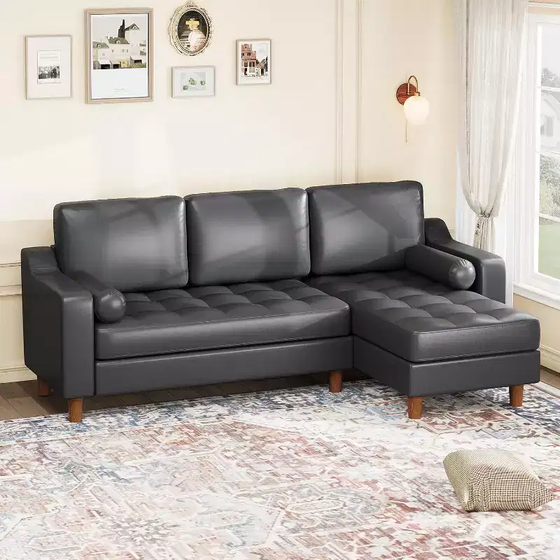 88.9 L-Shaped Sectional Sofa with Convertible Chaise, Modern Mid-Century 3-Seat Faux Leather Couch, Deep Seating for Living Room,Apartment,Orange
