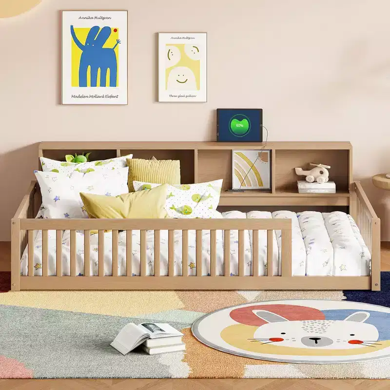 Twin XL Montessori Floor Bed with Storage Cabinets & USB Charging Ports, Pine Wood