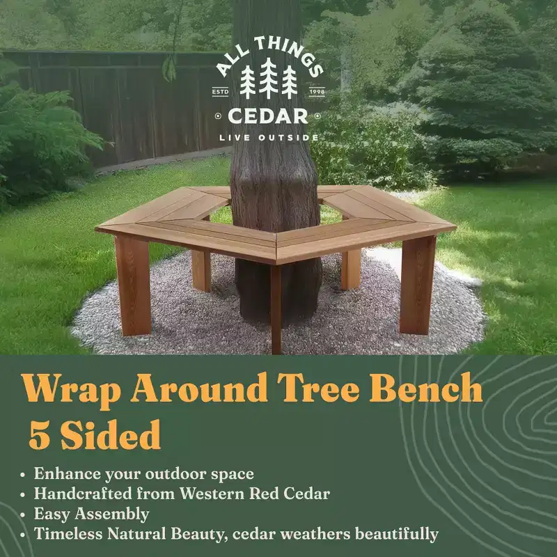 All Things Cedar 52 Inch Cedar Wooden Tree Bench, Heavy Duty 5 Sided Wrap Around Outdoor Seating for Patio, Backyard, or Garden, Natural