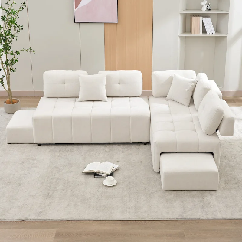 91.73 L-Shaped 4-Seat Sectional Sofa with 2 Hidden Stools, 2 Removable Lumbar Cushions, and Durable Chenille Fabric