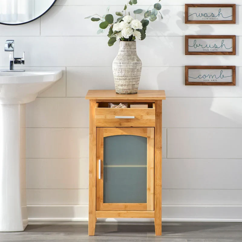 Bamboo Glass Door Linen Floor Cabinet
