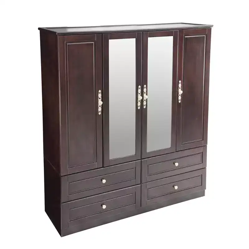 Keloyid Seusar Brownish Black Wood 61.42 in. Armoire with 4 Drawers, 2 Mirror, Hanging Rod and Shelves
