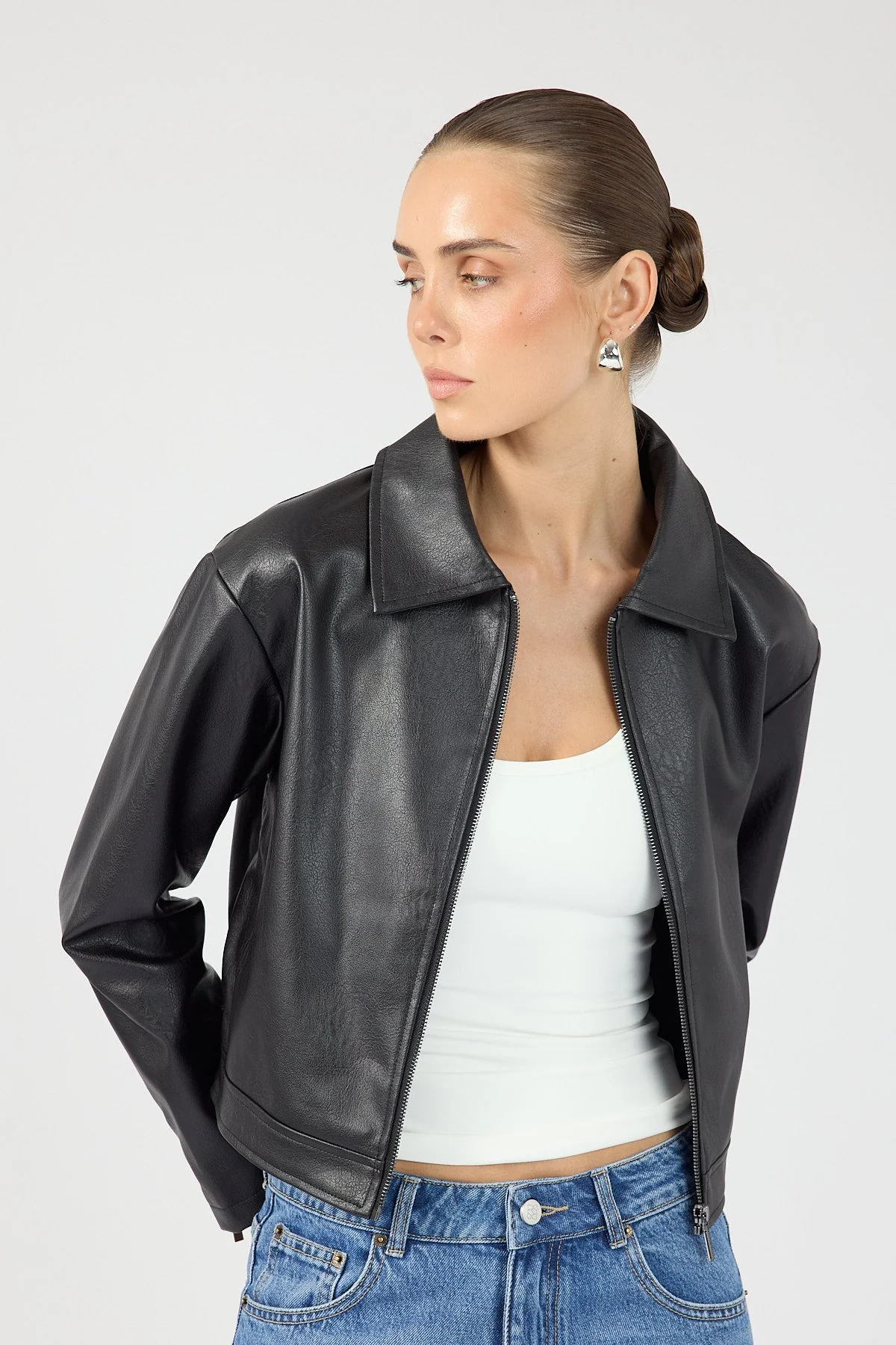 Faux Leather Zip Up Jacket Black