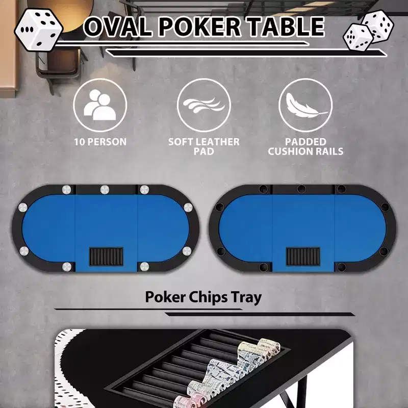 Oval poker table for 10 people - Foldable metal legs - 9 stainless steel cup holders - Waterproof padded rim