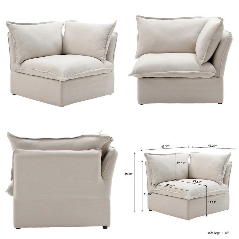 L-shape Linen Sofa Modern Upholstered Sectional Sofa with Ottoman