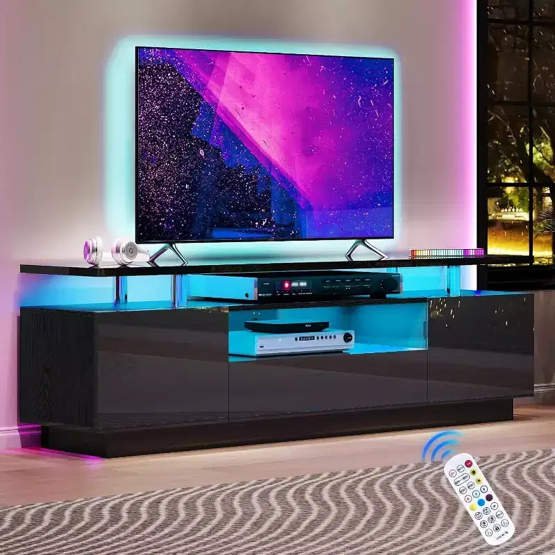 AMERLIFE 70 High Gloss TV Stand with LED Lights, Storage Cabinet & Shelf, Fits 80 TVs