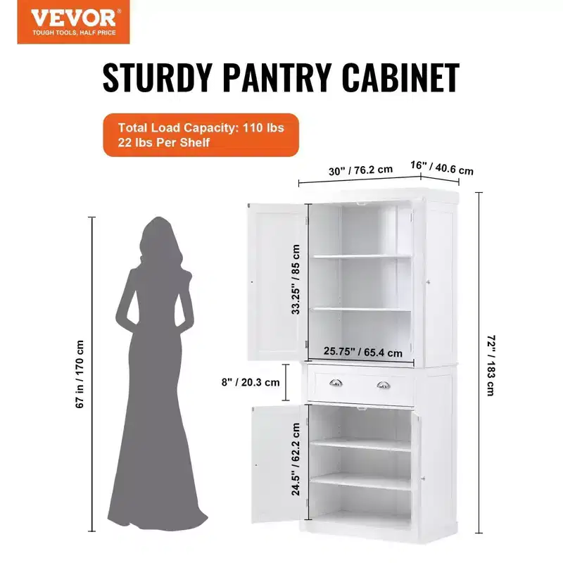 VIYET 72 Kitchen Pantry Storage Cabinet, Freestanding Utility Cabinet with Doors, Drawer & 3 Adjustable Shelves, White for Home Use