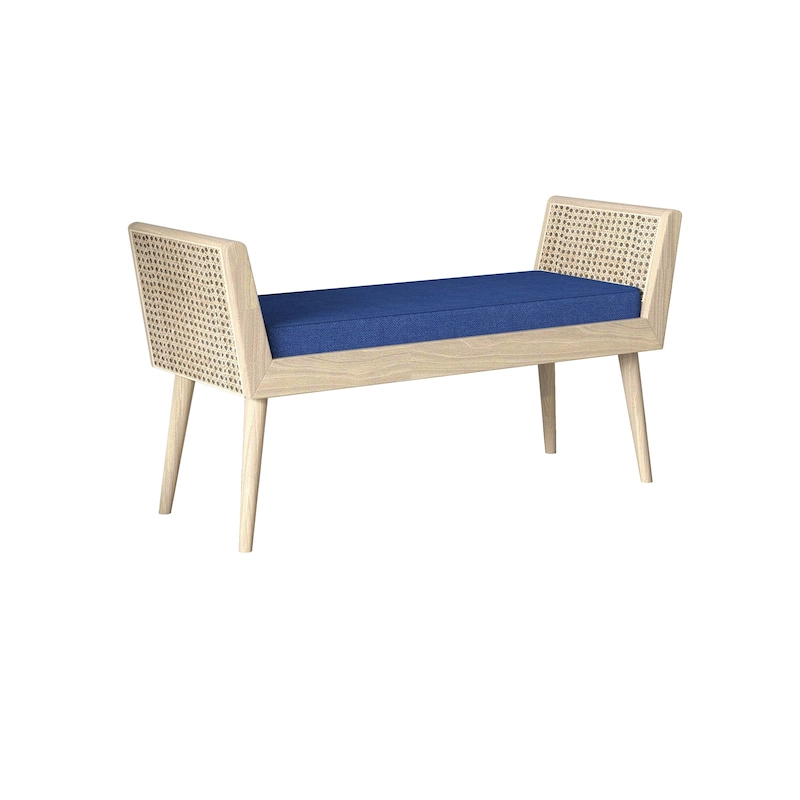 Aderyn Mid-Century Padded Bench with Raised Rattan Arms