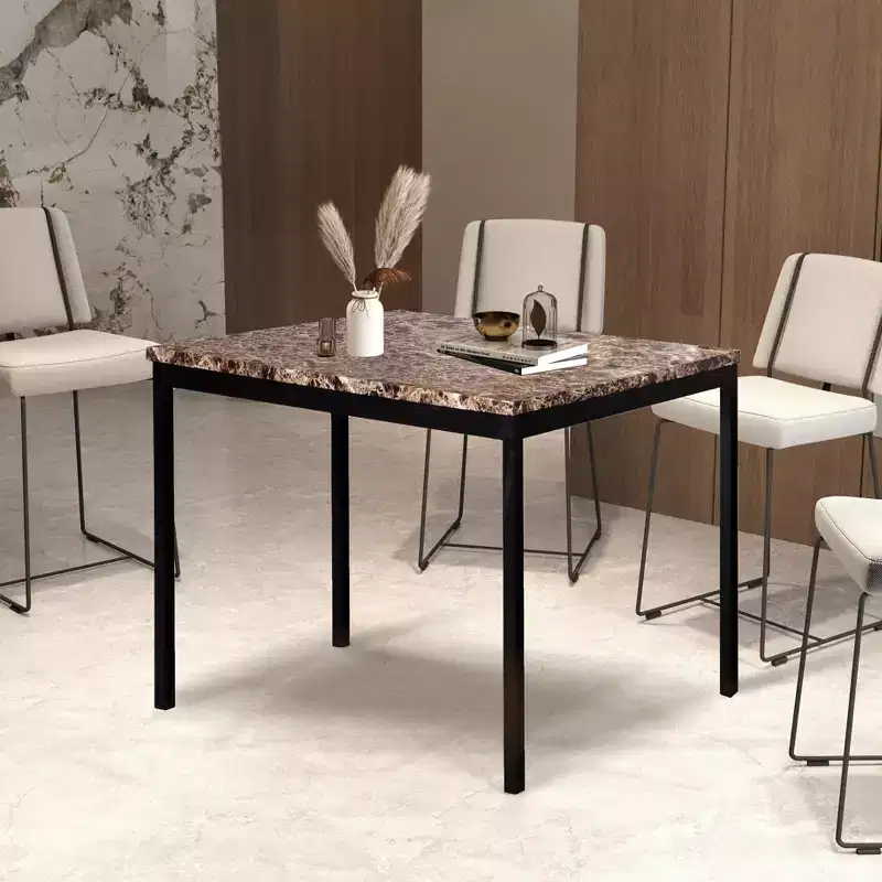 Metal Counter Height Dining Table with Laminated Faux Marble Top, Black, Seats 4