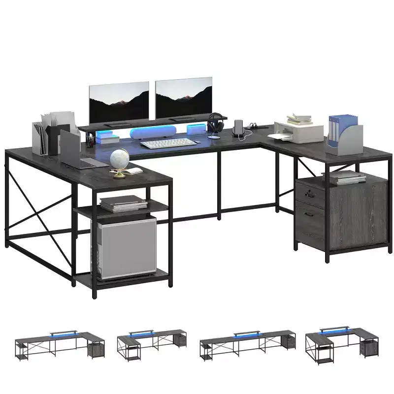U Shaped Desk With Power Outlets & LED Lights Desk With Drawers Corner Computer Desk Office Desk With Monitor Stand & Storage Shelves Gray