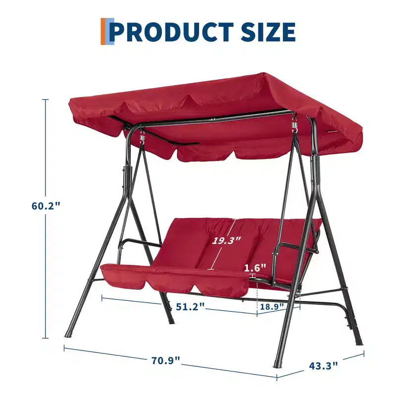 3-Seat Outdoor Porch Swing with Adjustable Canopy, Thickened Cushions Glider Bench, UV Resistant Waterproof for Patio