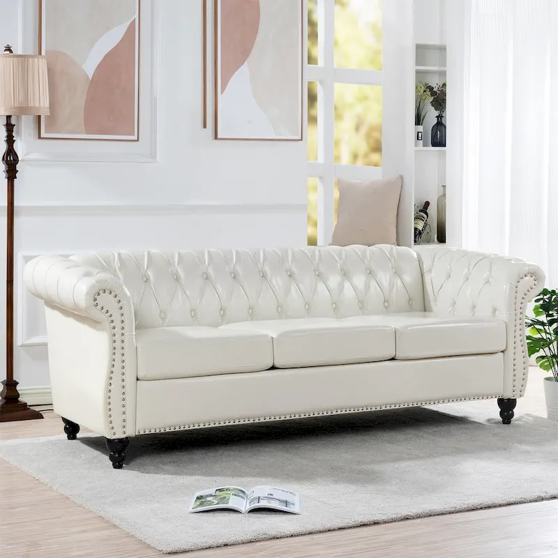 Classically Elegant 84.65 Three-Seater Rolled Arm Chesterfield Sofa in PU Leather - Sturdy Birch Legs, Soft Upholstery