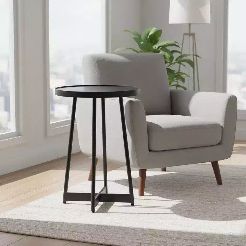Homy Casa Round Metal & Wood Accent Table for Living Room, Modern Black