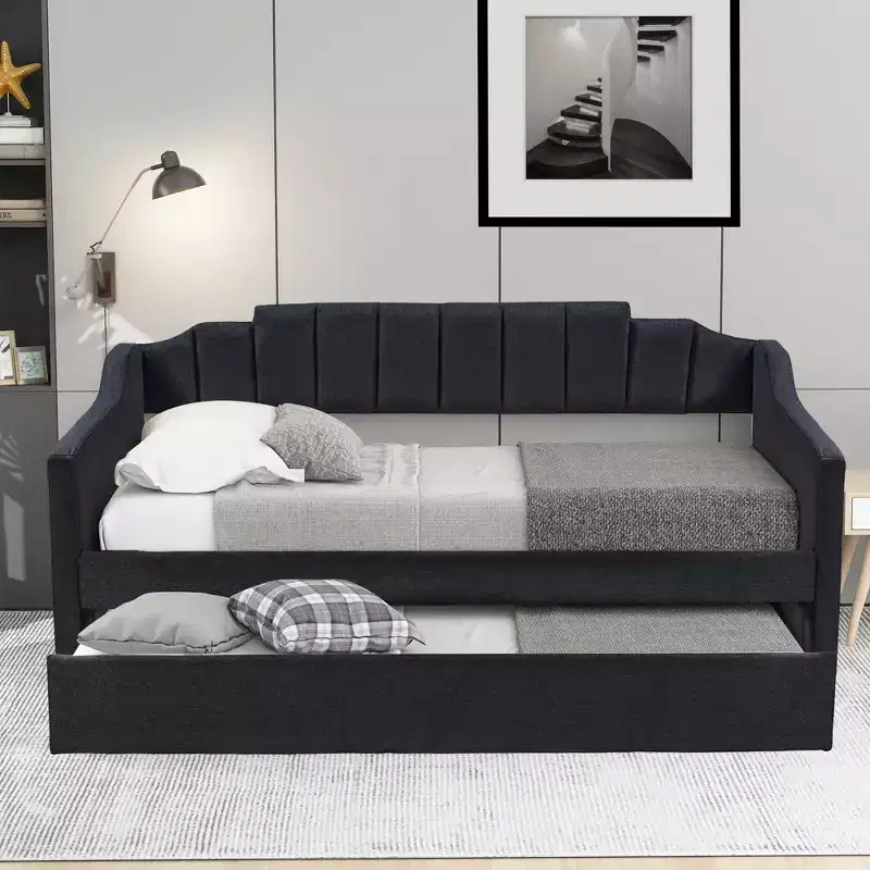 Upholstered Trundle Daybed Twin Size Daybed Sofa Frame with Twin Roll-Out Trundle for Bedroom, Black