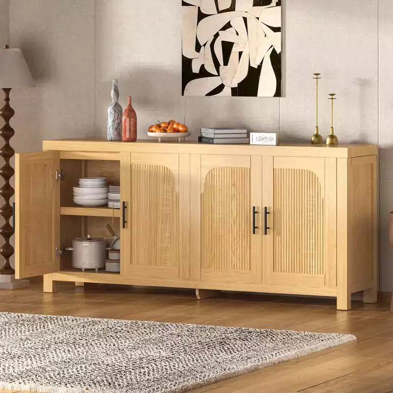 71 Inch Farmhouse Sideboard Buffet Cabinet with 4 Doors Adjustable Shelves Light Oak