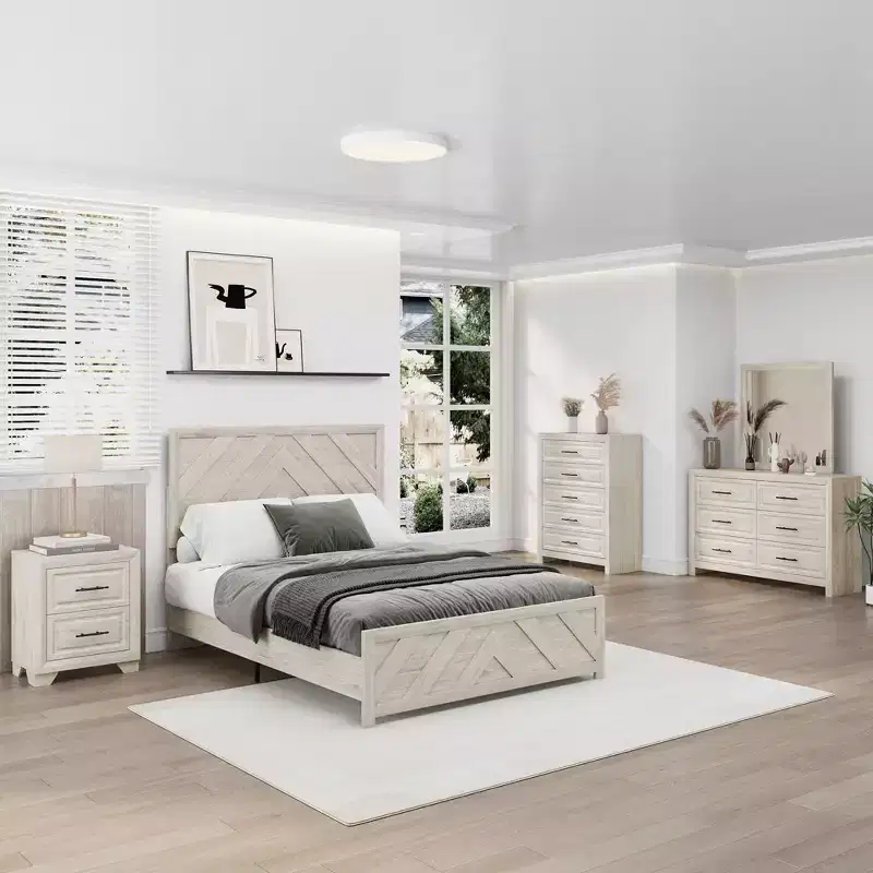 Furniture Bedroom Set 5-Piece Antique Natural Queen Size Wood Bedroom Set - Bed, 2 Chest, Mirror and Nightstand