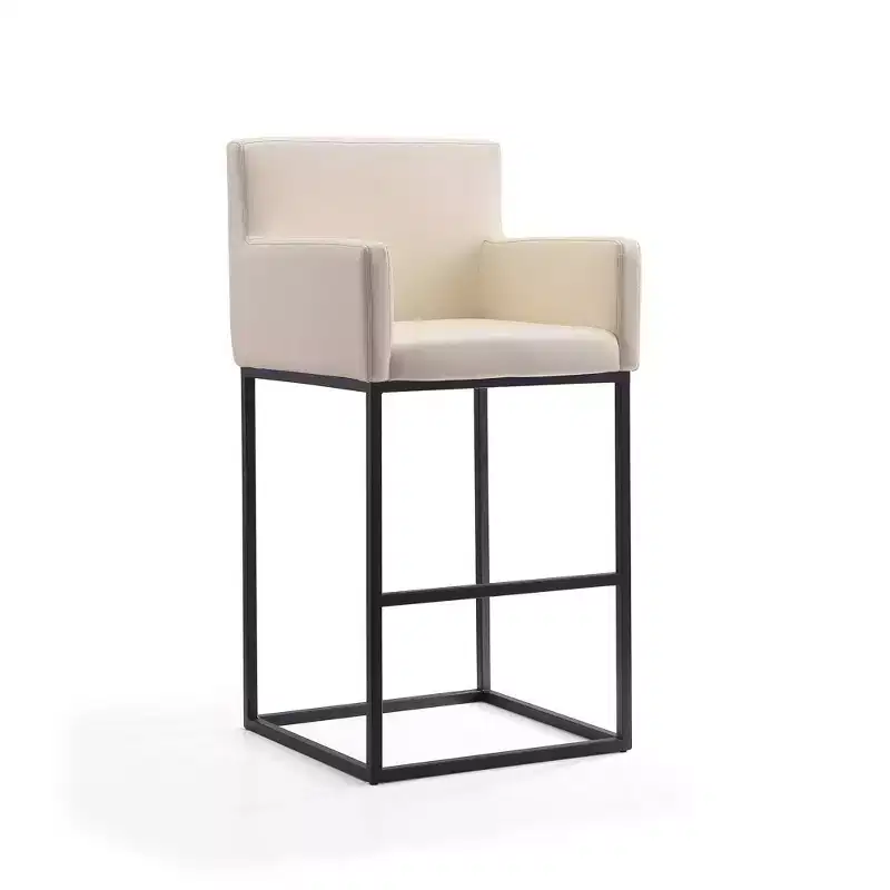 Mid-Century Modern Upholstered Metal Barstool – Faux Leather, Arms, Footrest, 30