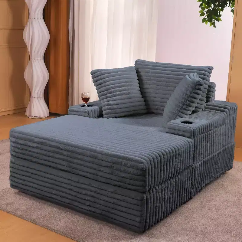 Oversized Corduroy Chaise Lounge Chair - Indoor Upholstered Convertible Cloud Sofa, Storage Ottoman, 3 Pillows, Single Sleeper for Living Room