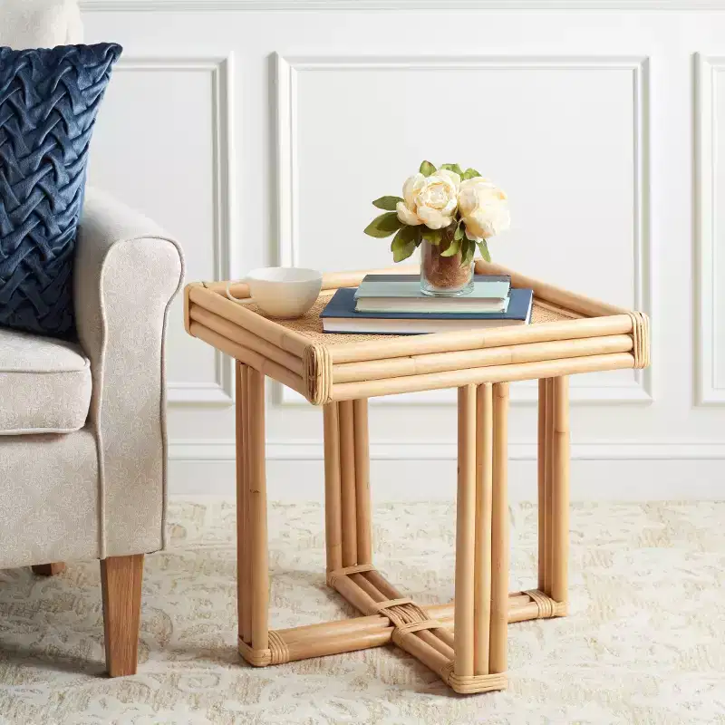 Square Rattan Accent Side Table, Natural Coastal Tray-Top End Table, No Assembly