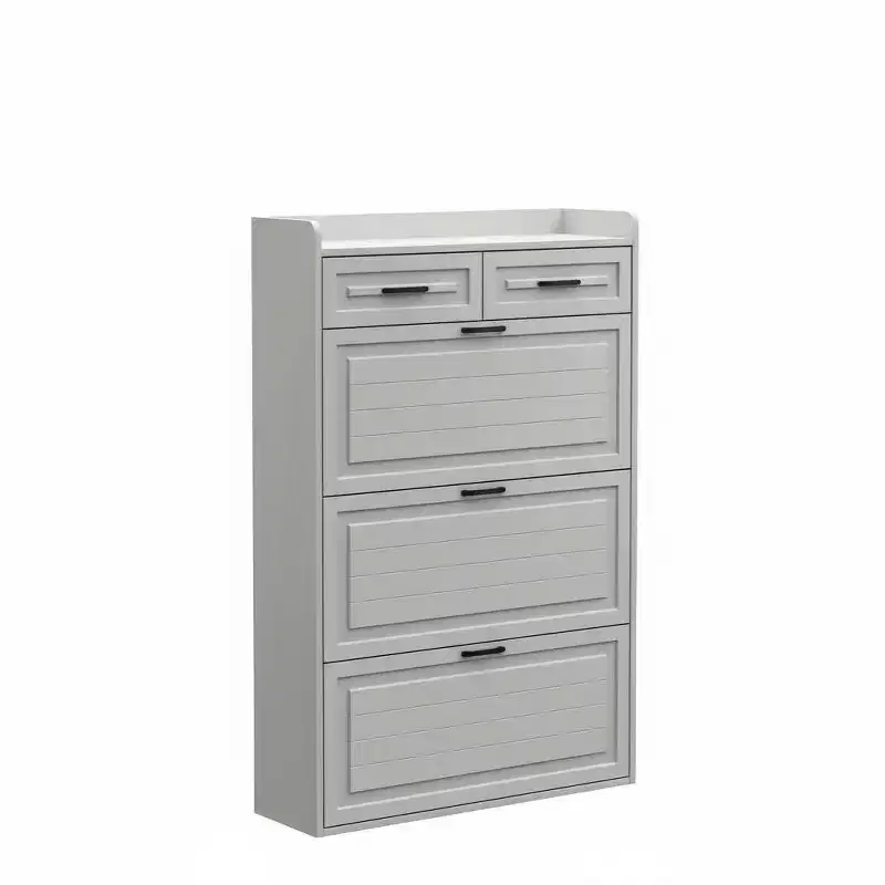 Narrow Freestanding Shoe Cabinet with 3 Flip Compartments and 2 Drawers, Space-Saving Entryway Organizer with Closed Storage