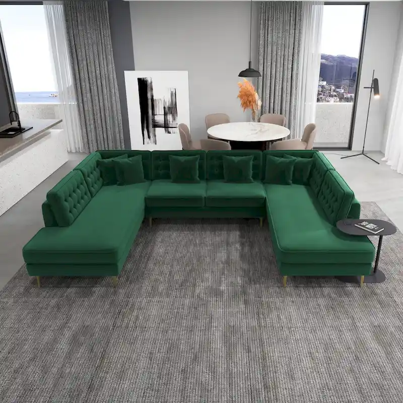 Modern U-Shaped Velvet Corner Sectional Sofa with Gold Metal Legs – Dark Green