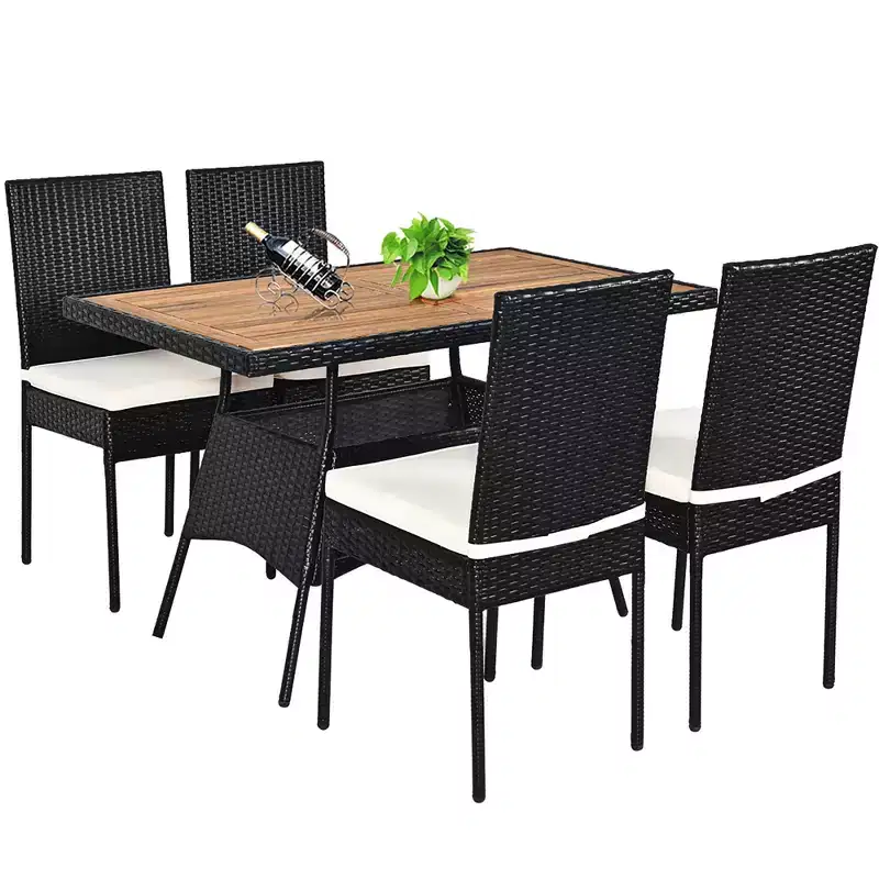 Costway 5 PCS Patio Rattan Furniture Set Wood Top Table Cushioned Chairs Garden Yard Deck