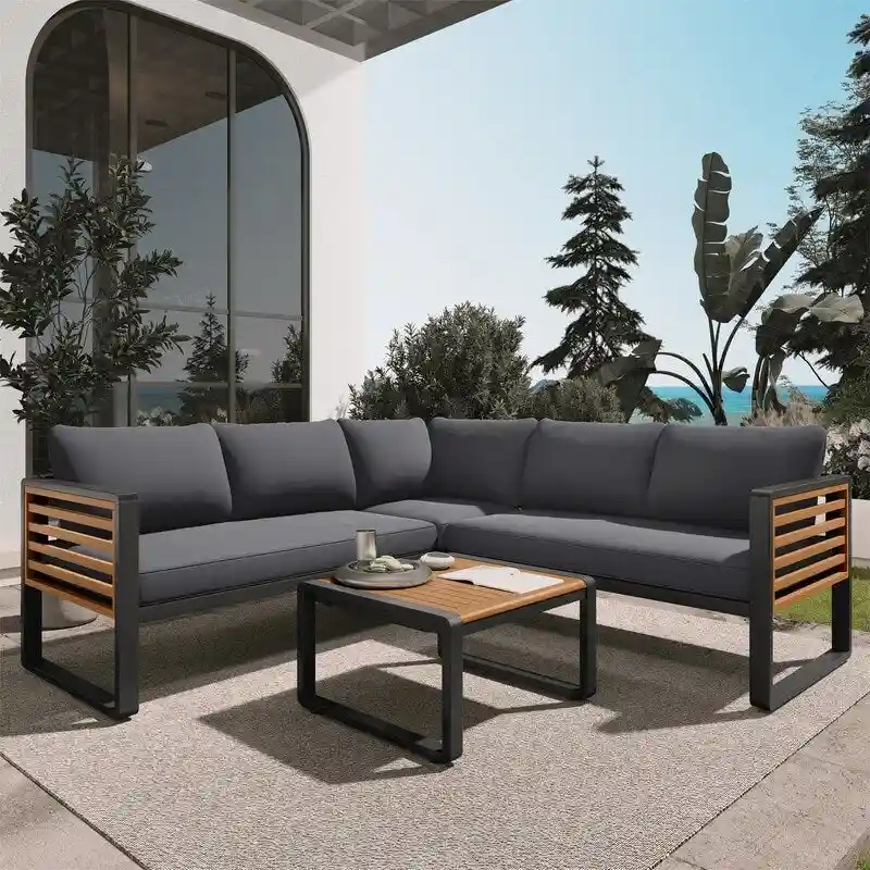 4-Piece Patio Furniture Set with Coffee Table, Outdoor L-shaped Metal and Wood Frame Sectional Sofa Set w/ Cushions for Garden