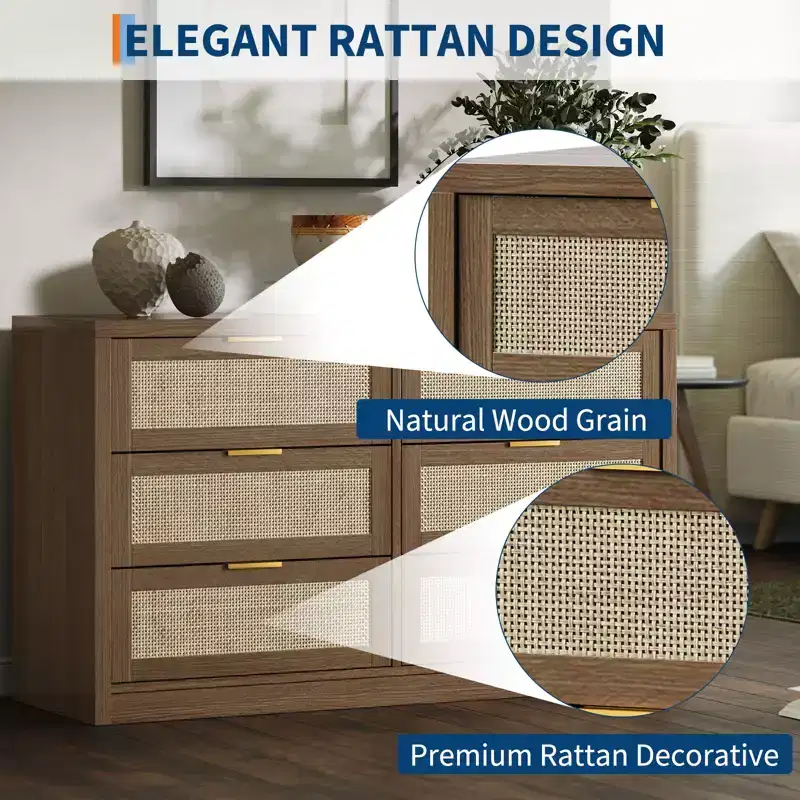 53 Rattan 6-Drawer Dresser  Arched Cabinet. Deep Storage. hard Wood Frame  Light Wood. for Bedroom or Living Room