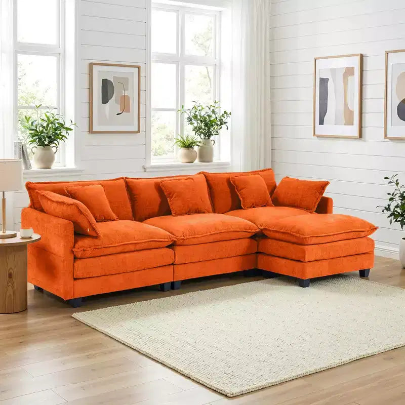 Chenille 3-Seat Sectional Sofa  Modular Deep Seat Sleeper Couch with Ottoman & Side Pocket