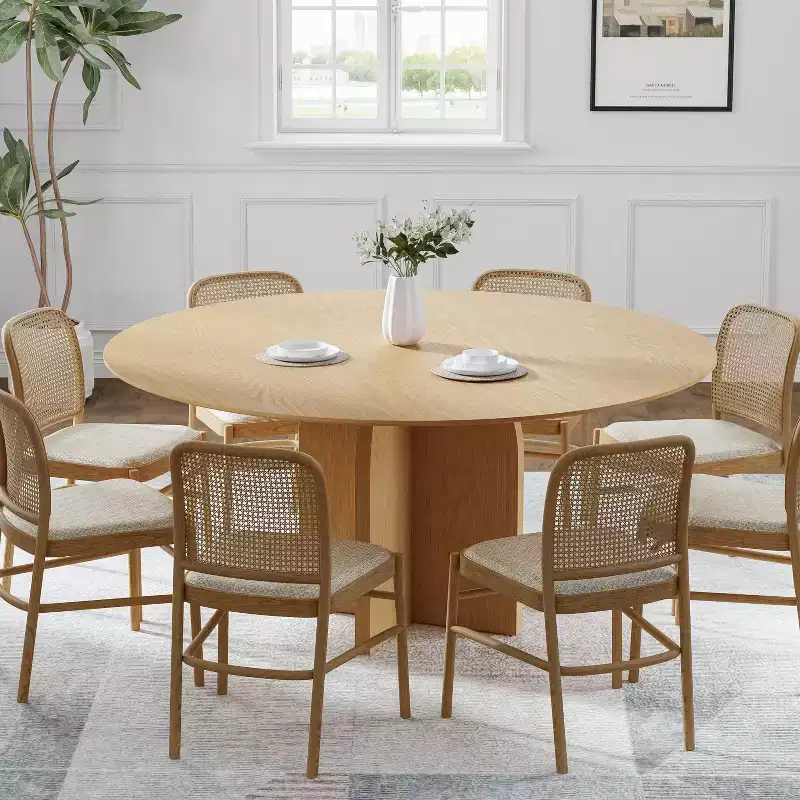 59 x 59 Solid Wood Round Dining Table with Natural Finish and Elegant Arched Legs for Modern Dining Rooms & Kitchens