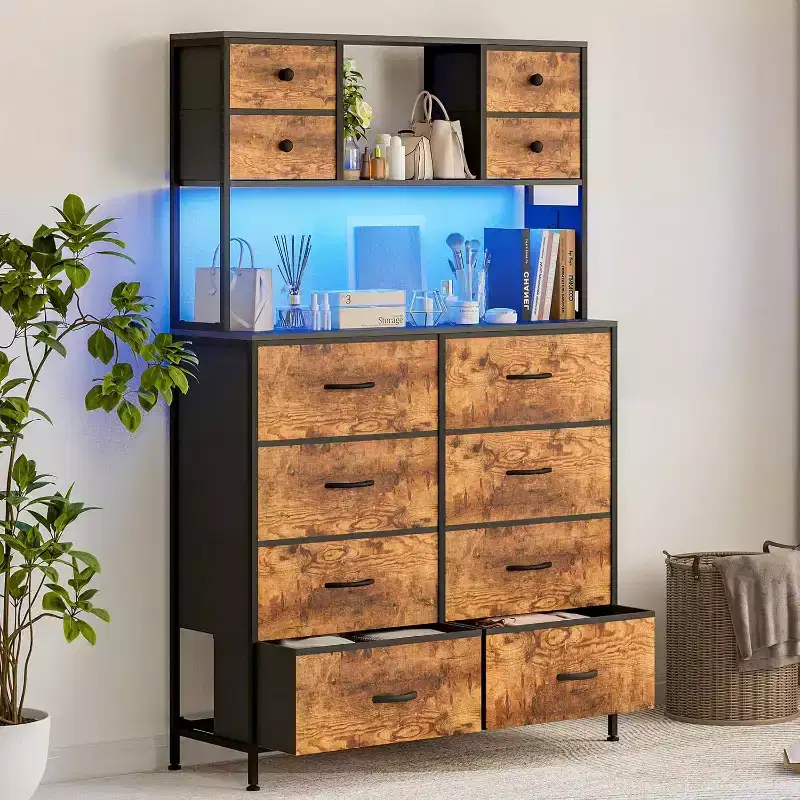 12 Drawer Fabric Dresser, Open Shelves, Metal Frame, for Bedroom, Hallway