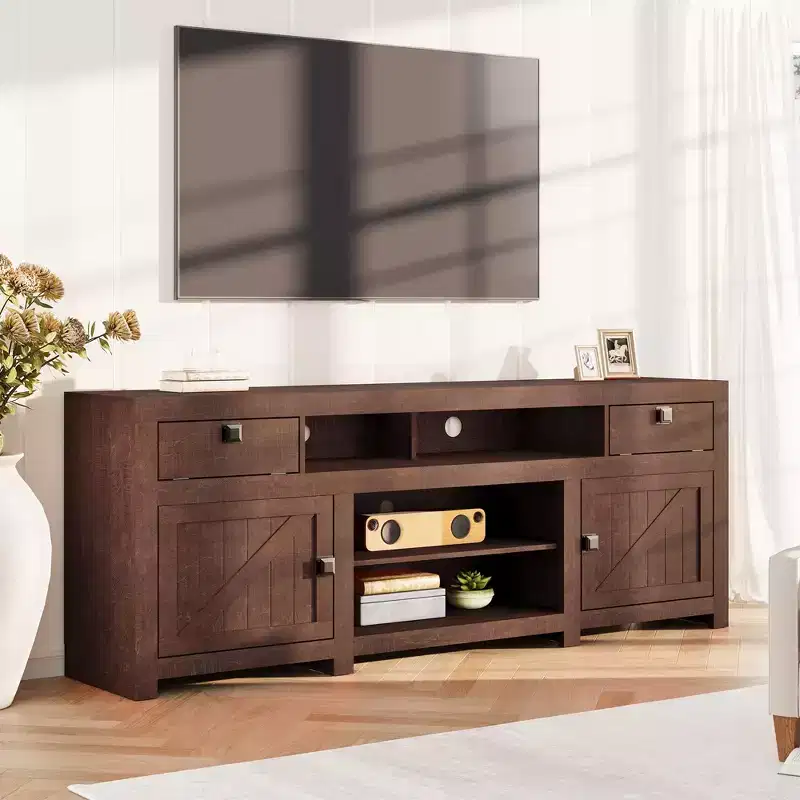 Farmhouse TV Stand for Tv Up to 80 Inches, Long Entertainment Center with 4 Storage Drawers & 3 Open Shelf, Television Consoles Stands for Living Room