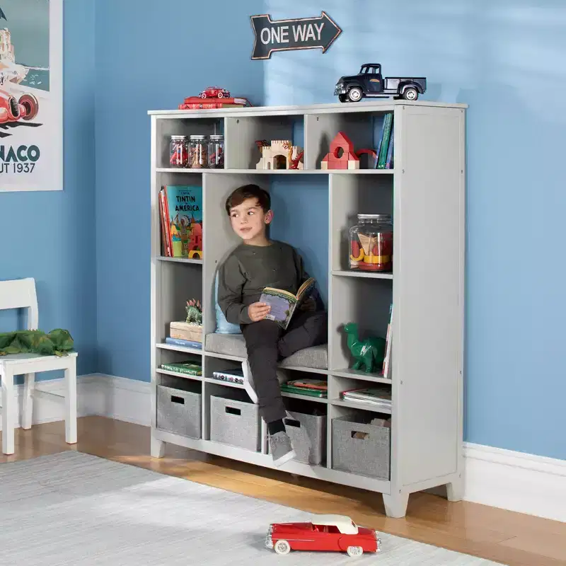 Kids' Storage Shelf with Reading Nook and Fabric Bins