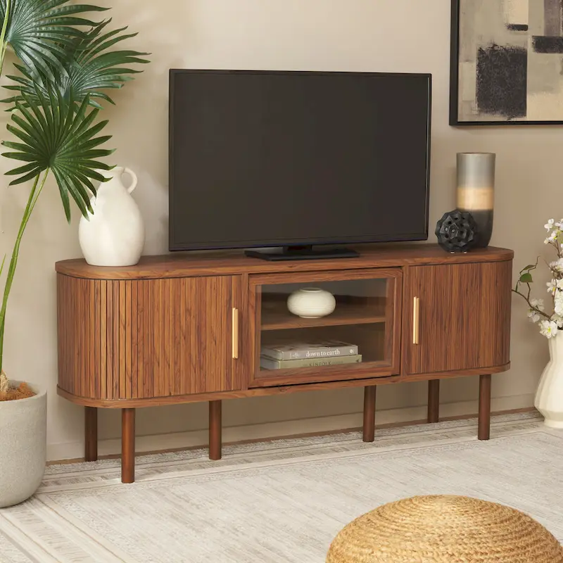 Home 2 Tambour & 1 Glass Lift Door Media Stand. - 59Wx15Dx24H