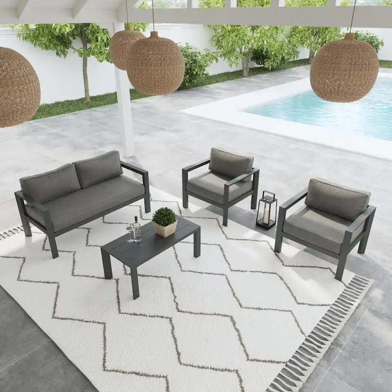 Grayton Gray Aluminum Outdoor Aluminum Loveseat with Lounge Chairs and Coffee Table - 61 x 26 x 29